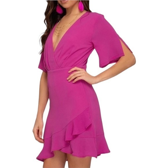 She + Sky‎ Women’s Medium Hot Pink Flare Ruffle V-Neck Mini Dress Barbie - Picture 15 of 16